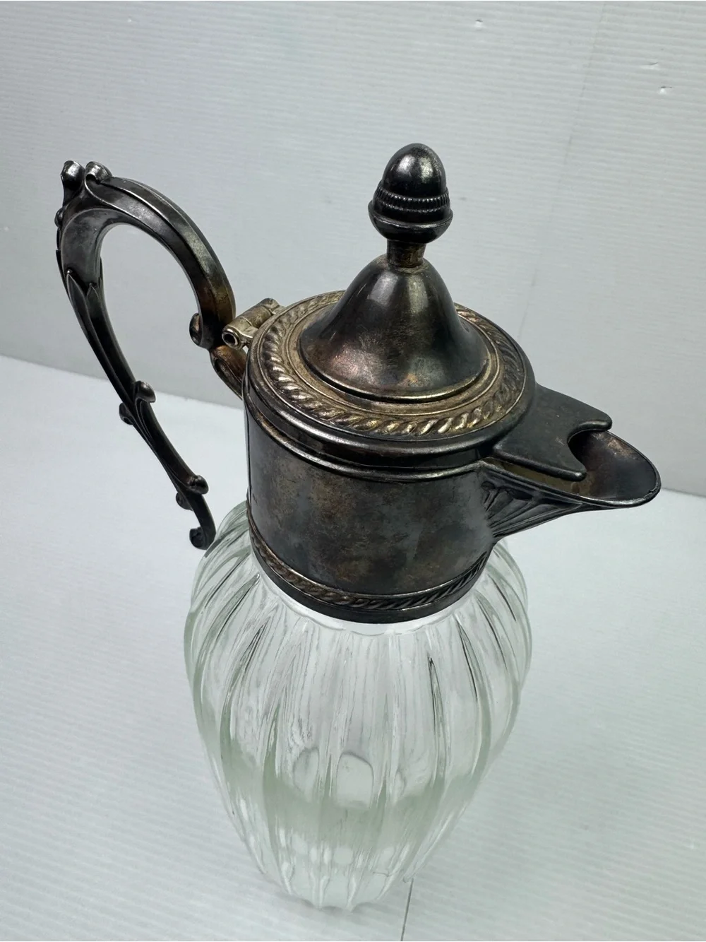 VTG Sheraton Italy Glass Decanter Silver Plate Lid Claret Wine Pitcher Carafe 12